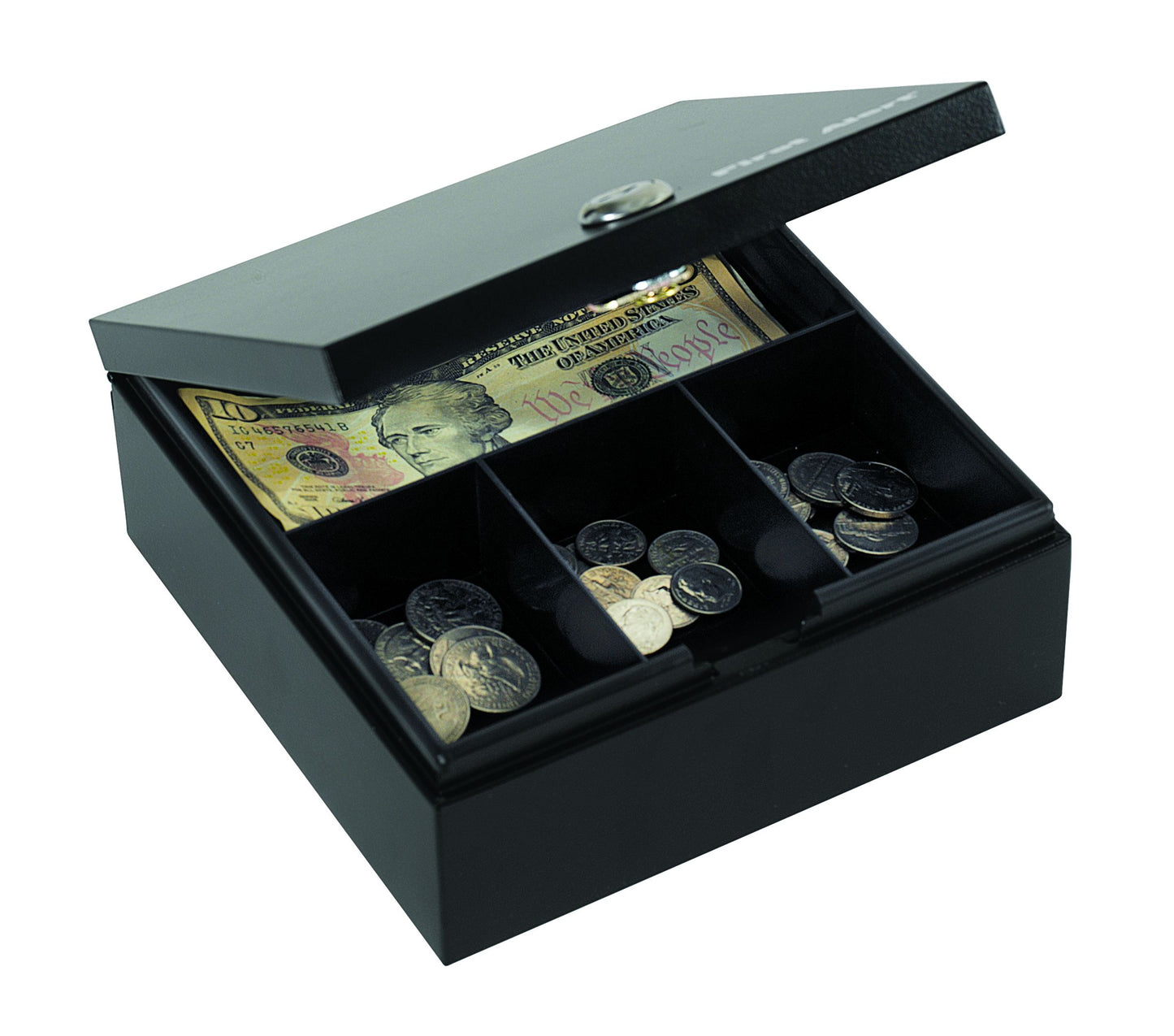 3010F Cash/Key Box, made from powder coated steel, 4-slot cash tray or 10-key hanging key box, Keylock with two keys