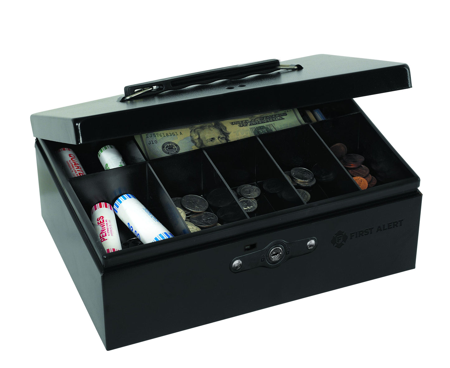 3020F Cash Box, made from powder coated steel, Removable 7 compartment cash tray, Keylock with two keys