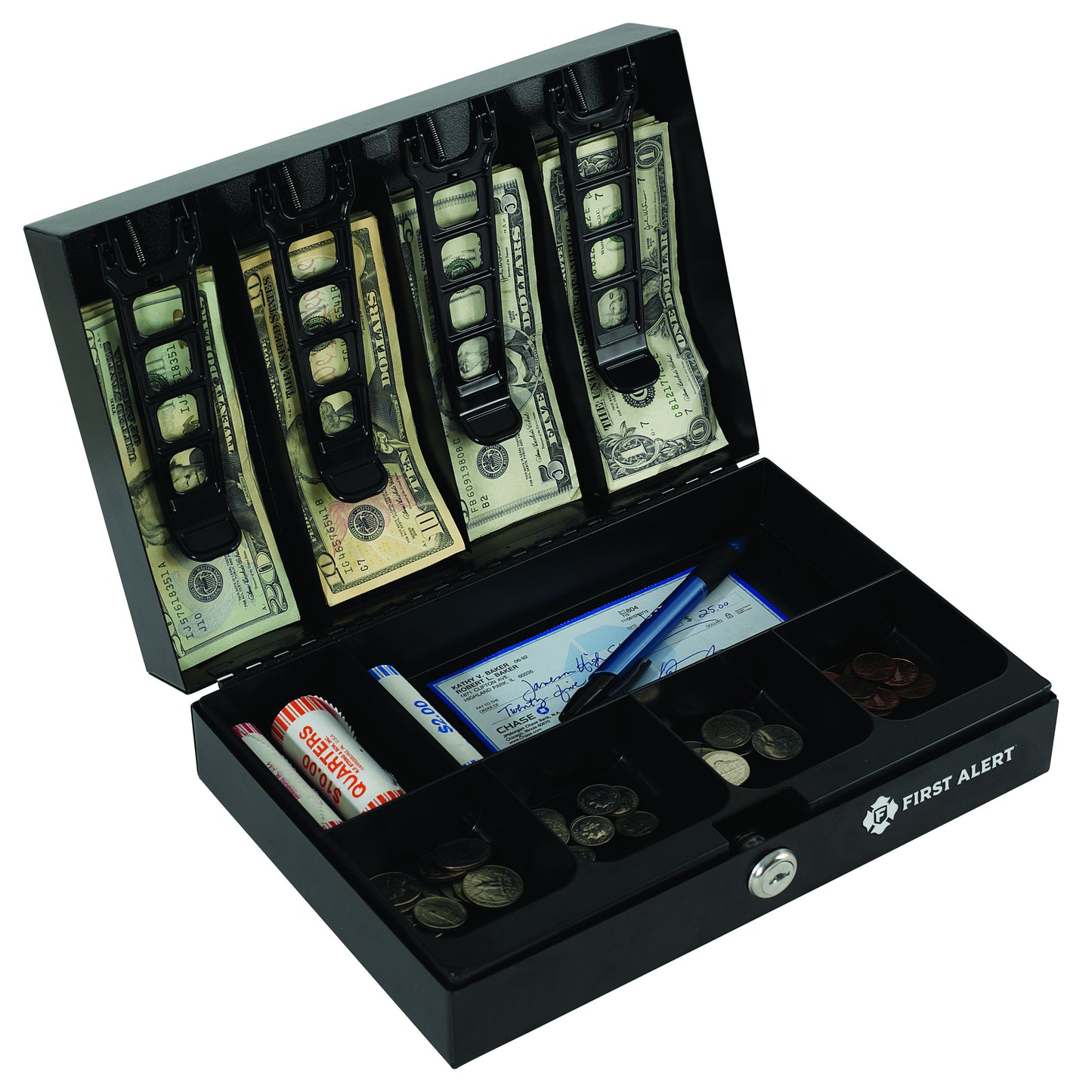 3026F Cash Box, made from powder coated steel, Removable 7 compartment cash tray, 4 spring loaded money clips, Keylock with two keys