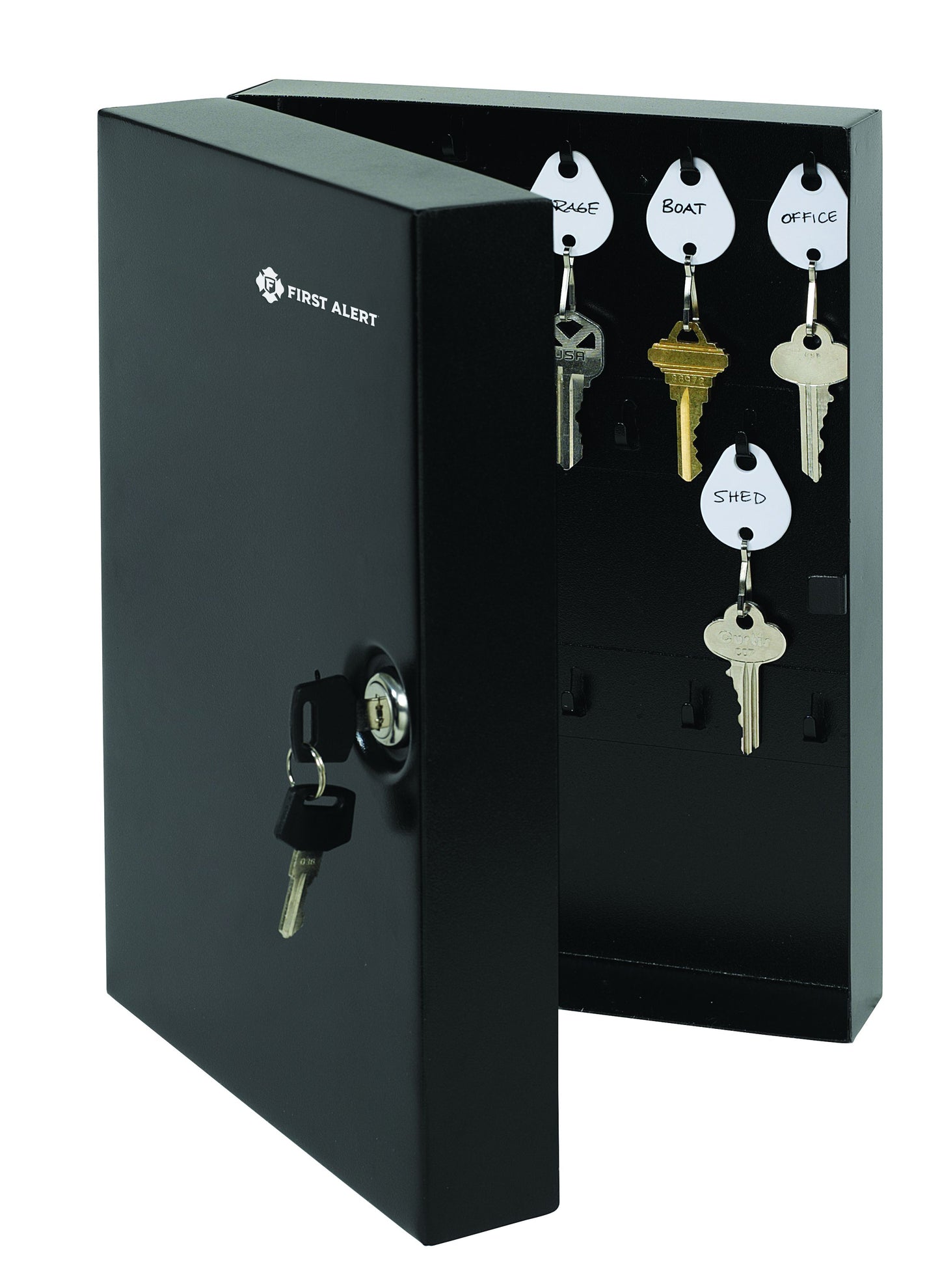 3060F 28 Key Cabinet, made from powder coated steel, 28 key hook with rings and tags, Wall mounting hardware, Keylock with two keys